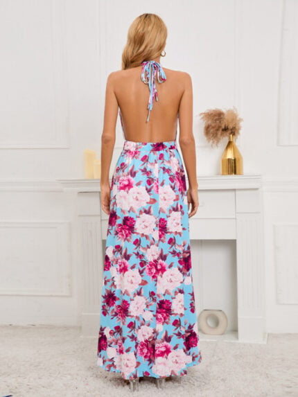 Wholesale Sexy V-neck Tie Slit Floral Dress