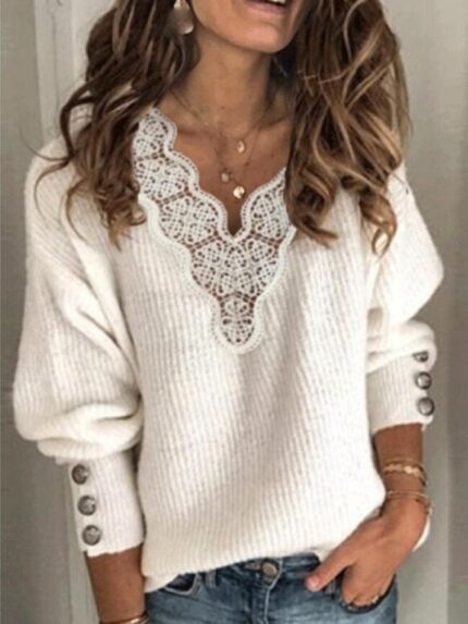 Wholesale Solid Color Lace V-Neck Knit Top