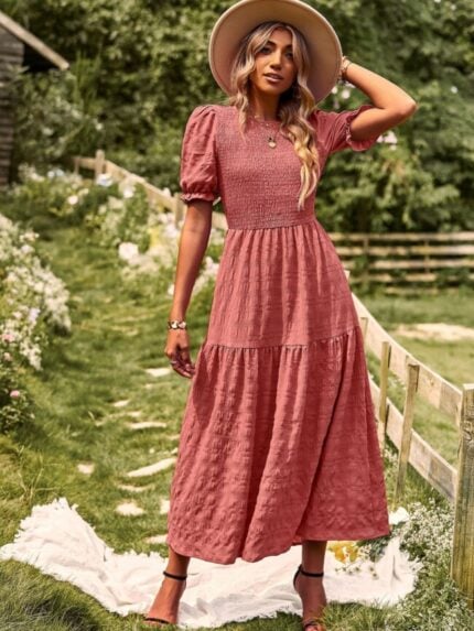 Wholesale Solid Color Puff Sleeve Maxi Dress