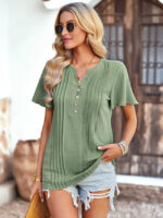 Wholesale Solid Color V-neck Button Ruffle Sleeve T-shirt