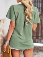 Wholesale Solid Color V-neck Button Ruffle Sleeve T-shirt