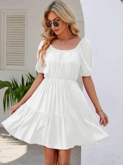 Wholesale Square Neck Puff Sleeve A-Line Dress