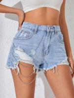 Wholesale Street Style Chain Ripped Denim Shorts