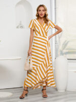 Wholesale Striped V Neck Irregular Dress