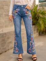 Wholesale Sweet Floral Embroidered Flare Jeans