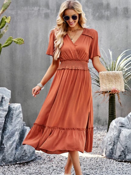 Wholesale V Neck High Waist Slit Dress