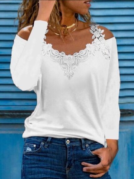 Wholesale V Neck Lace Cold Shoulder Long Sleeve T-Shirt