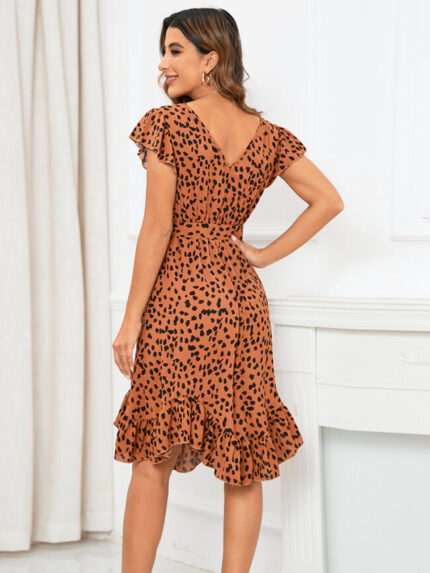 Wholesale V Neck Leopard Print Ruffle Irregular Dress