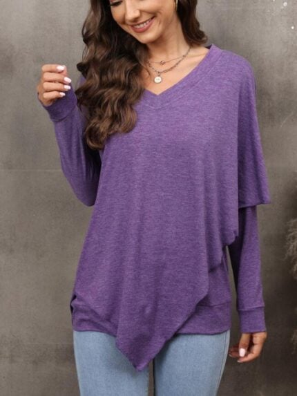 Wholesale V Neck Long Sleeve Irregular T-Shirt