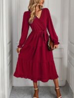 Wholesale V Neck Long Sleeve Tie Dress