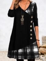 Wholesale V Neck Panel Long Sleeve Plaid Print Dress