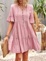 Wholesale V-Neck Ruffle Sleeve Button Dress