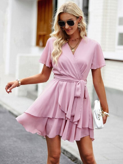 Wholesale V Neck Ties Irregular Hem Dress