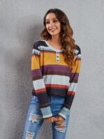 Wholesale Vintage Stripe Button Stitching Long Sleeve T-Shirt