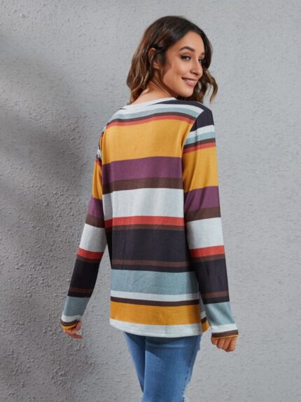 Wholesale Vintage Stripe Button Stitching Long Sleeve T-Shirt