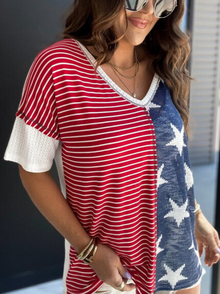 Wholesale stripe star print v-neck T-shirt