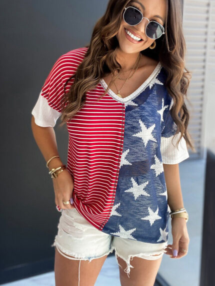 Wholesale stripe star print v-neck T-shirt