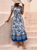 Wholesale Blue Floral Print V-Neck Dress