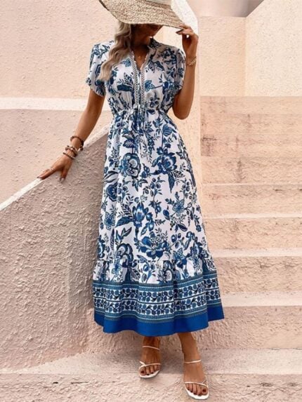 Wholesale Blue Floral Print V-Neck Dress