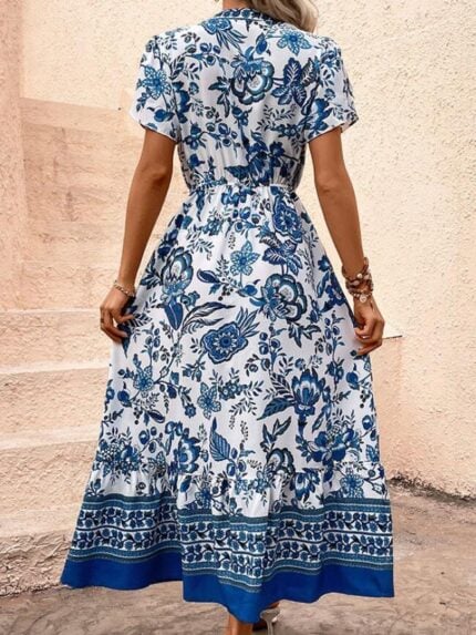 Wholesale Blue Floral Print V-Neck Dress