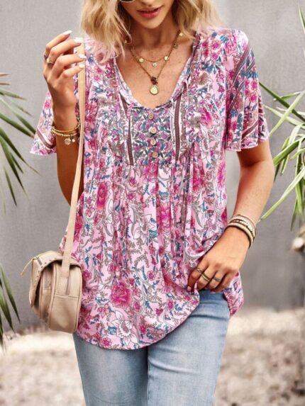 Wholesale Bohemian Floral V Neck Short Sleeve Blouse