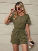 Wholesale Button Short Sleeve Tie Pocket Jumpsuit