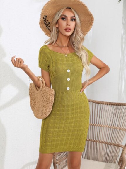 Wholesale Button Square Neck Short Sleeve Knit Dress