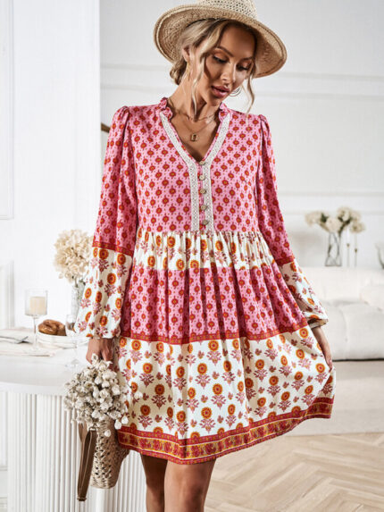 Wholesale Casual Bohemian V Neck Long Sleeve Dress