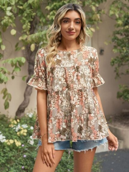 Wholesale Cute Floral Print Ruffle Sleeve Top