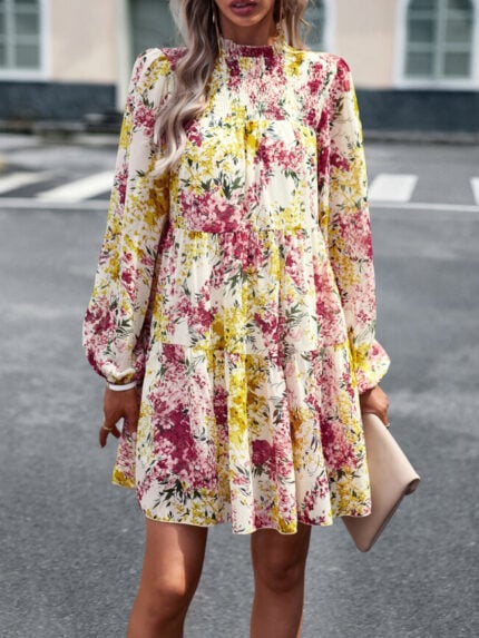 Wholesale Elegant Floral Puff Sleeve Dress