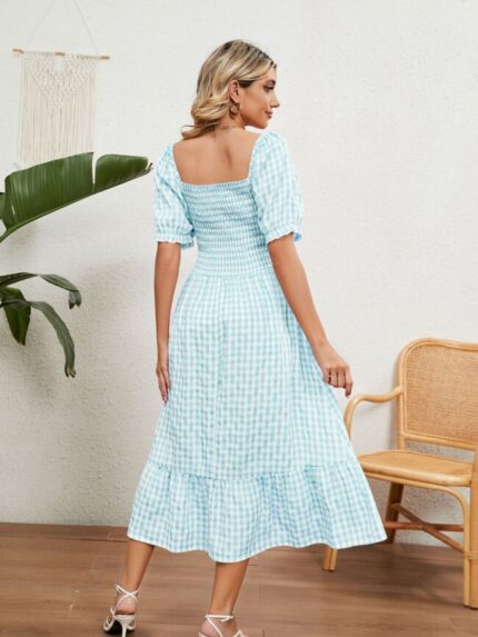 Wholesale Fashion Square Neck Plaid Ruffle Sleeve Dress