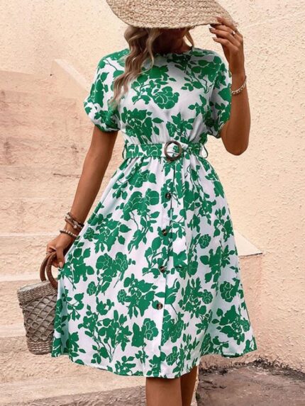 Wholesale Floral Belt Button Loose Dress