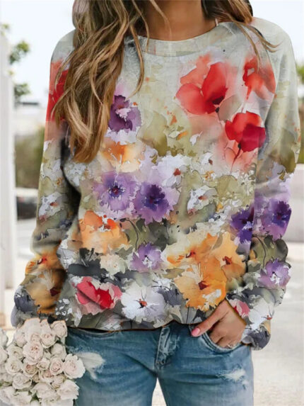 Wholesale Floral Crew Neck Long Sleeve Sweatshirt