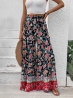 Wholesale Floral Elastic Waist Wide-Leg Pants