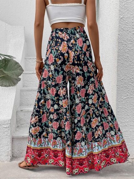 Wholesale Floral Elastic Waist Wide-Leg Pants