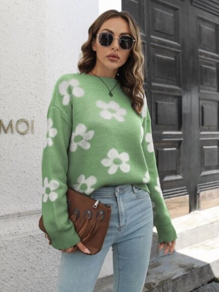 Wholesale Floral Pattern Crew Neck Sweater