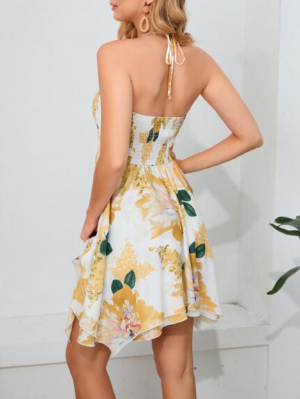 Wholesale Floral Print Backless Irregular Hem Dress