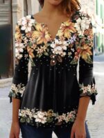 Wholesale Floral Print V-neck Button Top