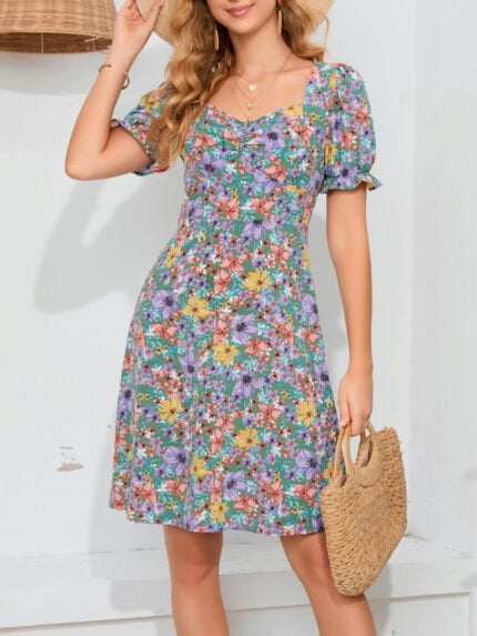 Wholesale Floral Ruffle Sleeve Square Neck Dress