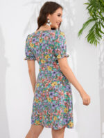 Wholesale Floral Ruffle Sleeve Square Neck Dress