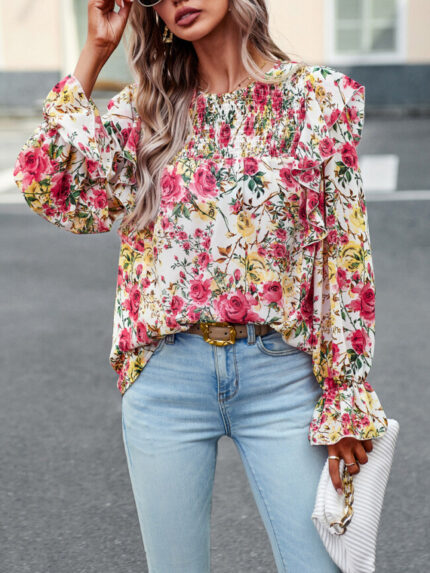 Wholesale Floral Ruffle Sleeves Round Neck Blouse