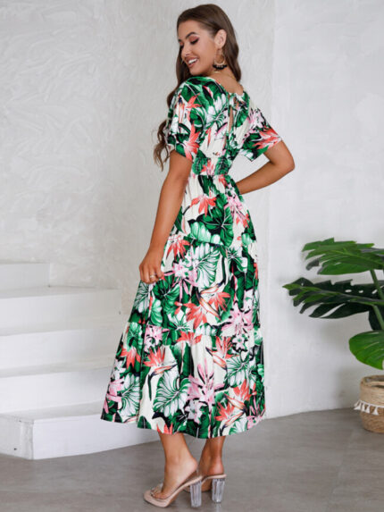 Wholesale Floral V-neck High Waist Dress