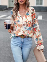 Wholesale Floral V-neck Ruffle Sleeves Blouse