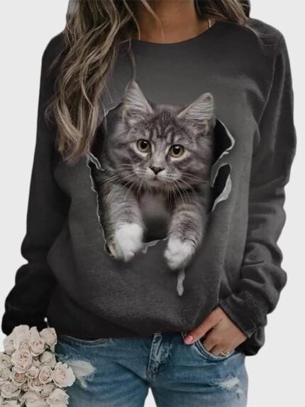 Wholesale Funny Cat Print Long Sleeved Sweatshirt