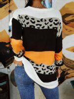 Wholesale Leopard Print Color Block Crew Neck Sweater