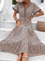 Wholesale Leopard Print V Neck Button Dress