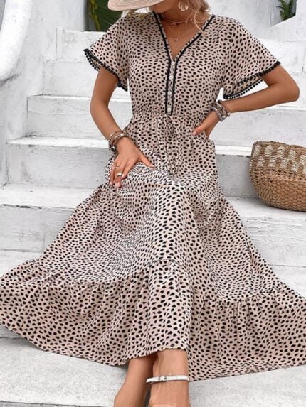 Wholesale Leopard Print V Neck Button Dress