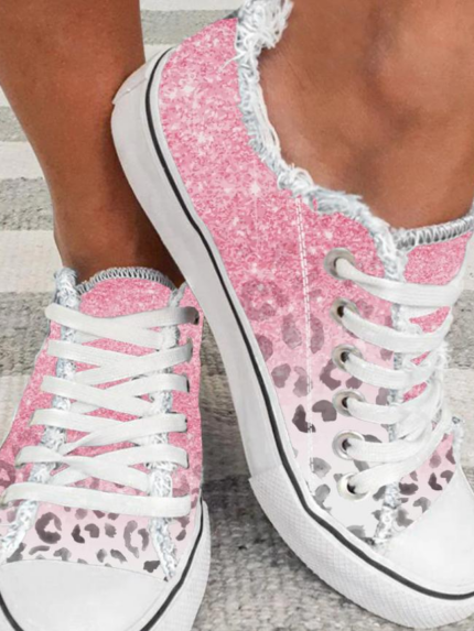 Wholesale Pink Leopard Print Lace-Up Canvas Shoes