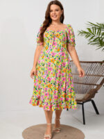 Wholesale Plus Floral Square Neck Ruffle Dress