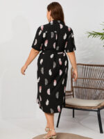 Wholesale Plus Leaf Print Lapel Slit Dress